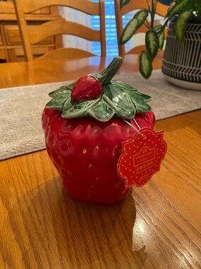 10 Strawberry Street Red Ceramic Strawberry Jar with Green Leaf Lid